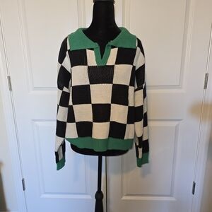 SHEIN Green and Black Checkered V-Neck Sweater